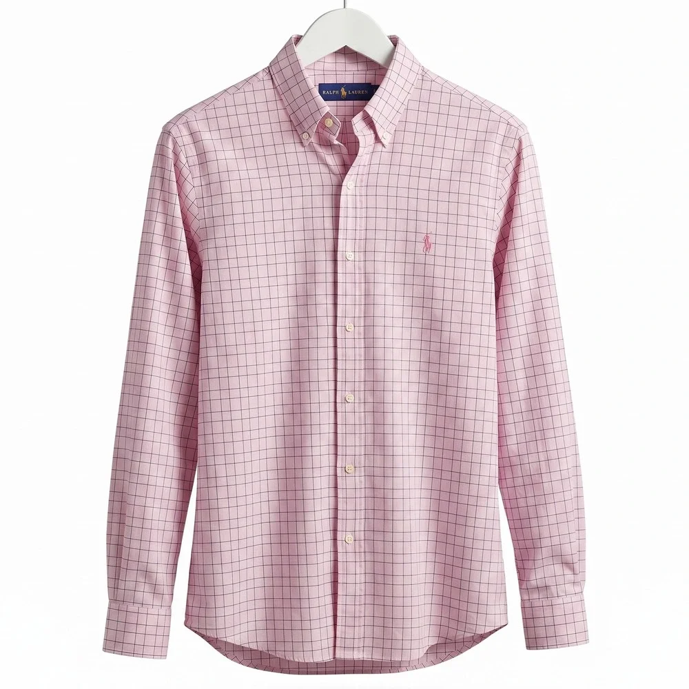 Ralph Lauren Mens XL Pink Navy Tattersall Check Cotton Stretch Button Down Shirt